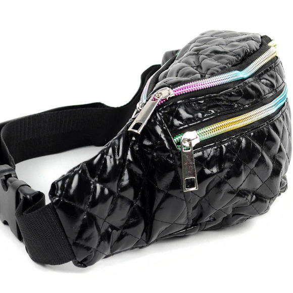 Quilted Black Fanny Pack Belt Bag Sling Bag  with Iridescent Zippers - Picture 3 of 5